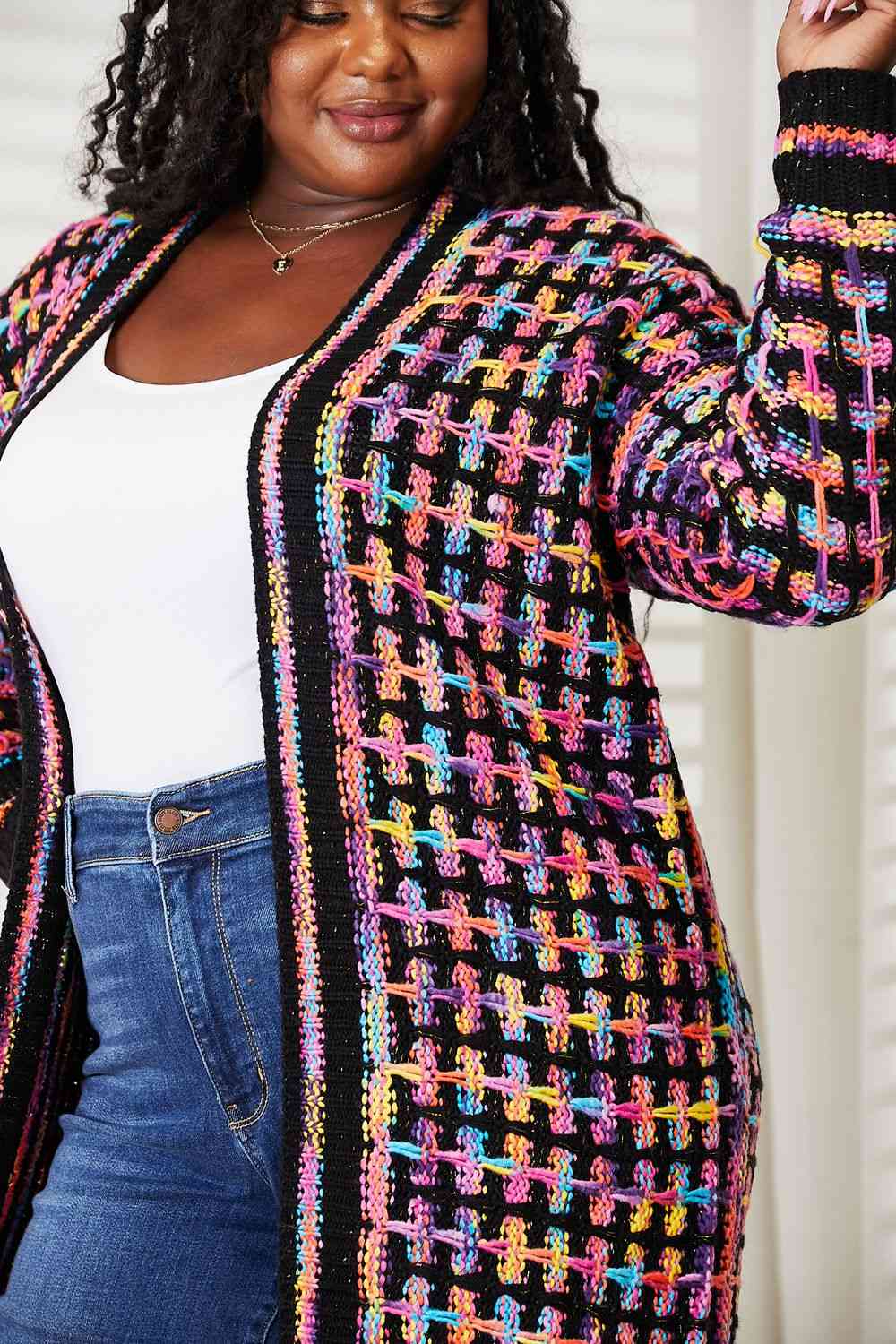 Plus Size Multicolored Open Front Fringe Hem Cardigan