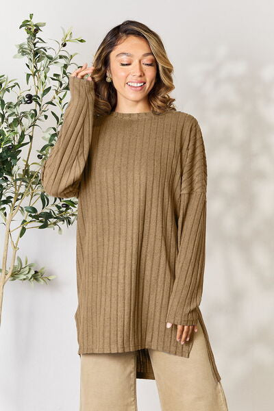 Plus Size Ribbed Round Neck Long Sleeve Slit Top