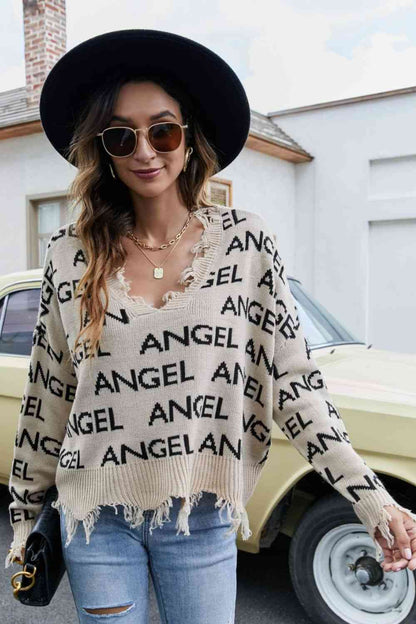 Distressed V-Neck Dropped Shoulder Sweater