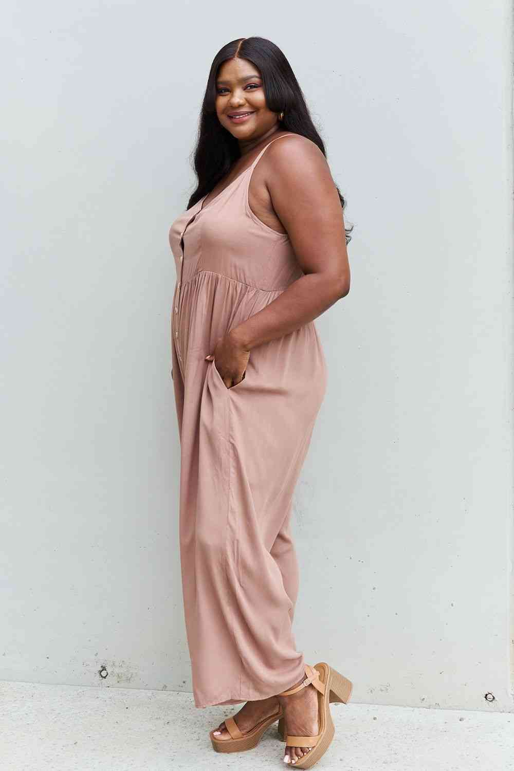 Plus Size Wide Leg Button Down Jumpsuit in Mocha