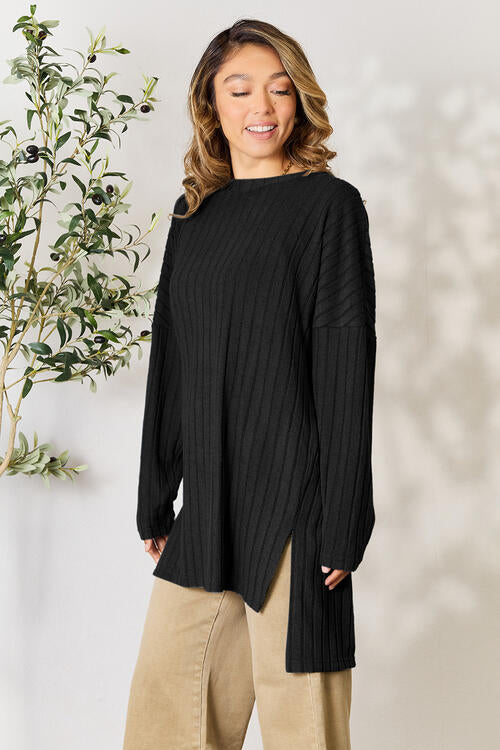 Plus Size Ribbed Round Neck Long Sleeve Slit Top