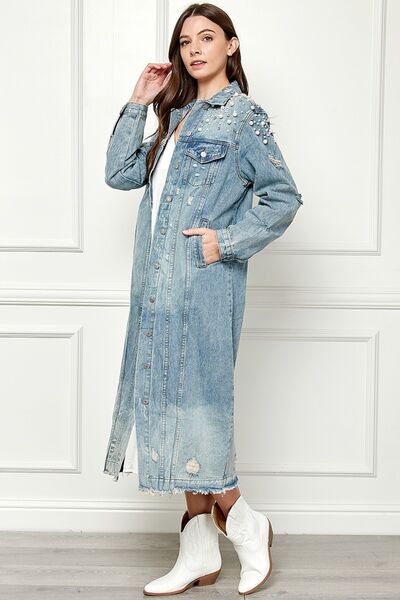 Plus Size Distressed Raw Hem Pearl Detail Button Up Jacket