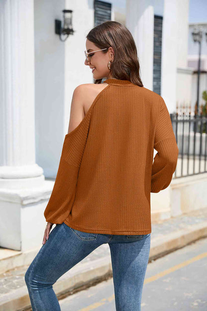 Asymmetrical Lantern Sleeve Waffle-Knit Blouse