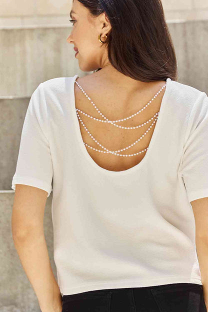 Plus Size Criss Cross Pearl Detail Open Back T-Shirt