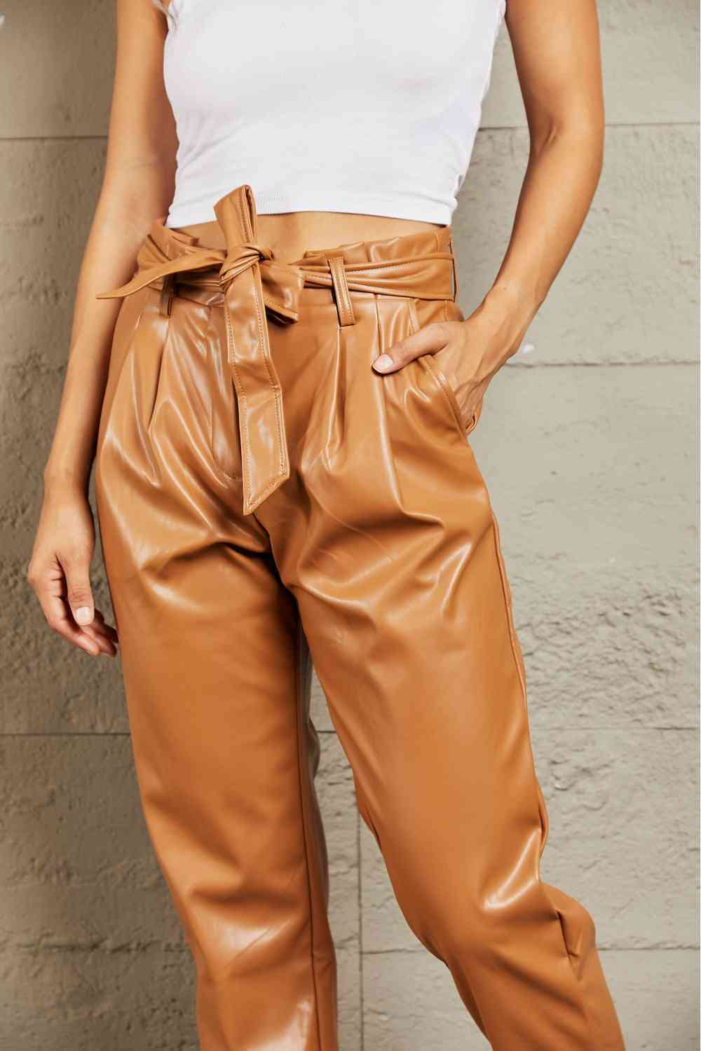 Plus Size Faux Leather Paperbag Waist Pants