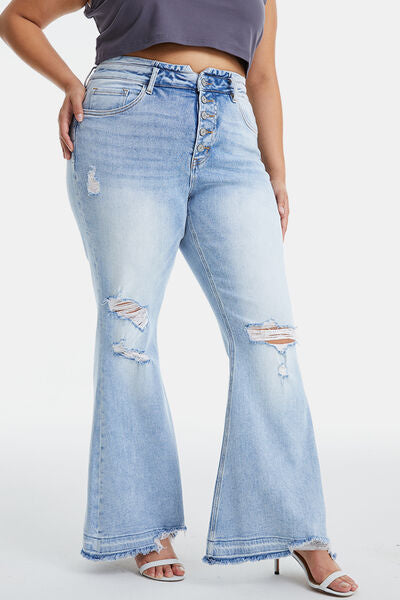 Plus Size Distressed Raw Hem High Waist Flare Jeans