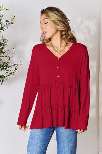 Half Button Long Sleeve Ruffle Hem Blouse