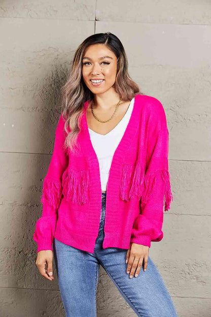 Fringe Trim Open Front Cardigan