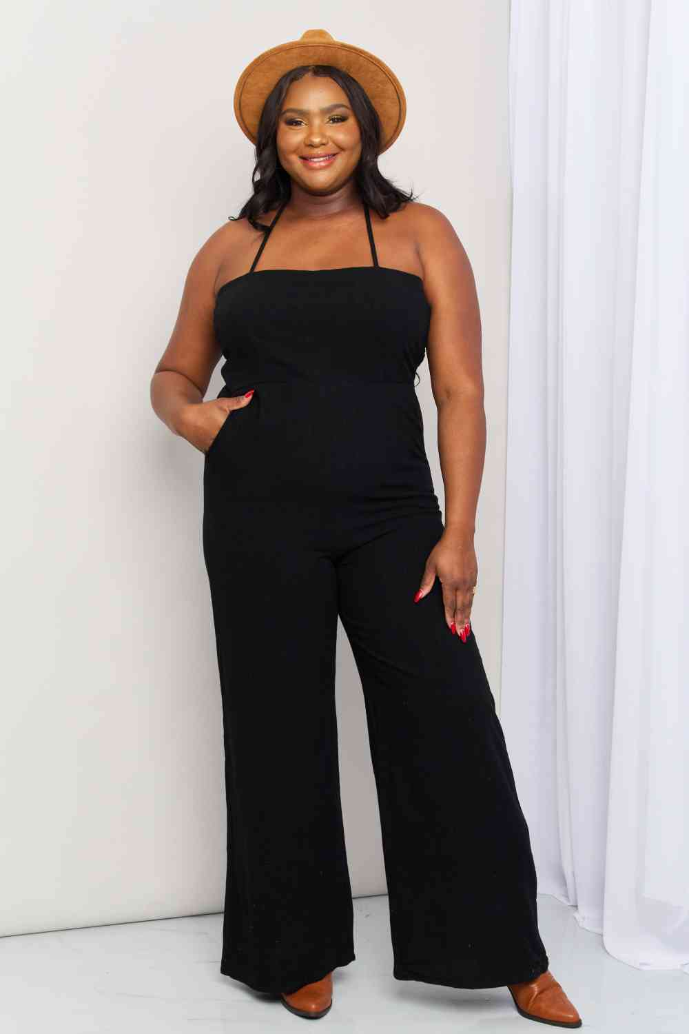 Plus Size Halter Neck Wide Leg Jumpsuit with Pockets