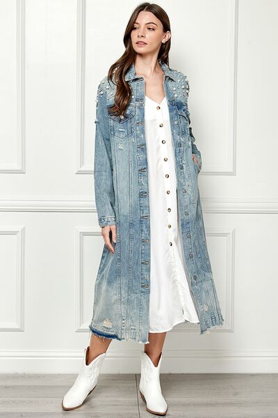 Plus Size Distressed Raw Hem Pearl Detail Button Up Jacket