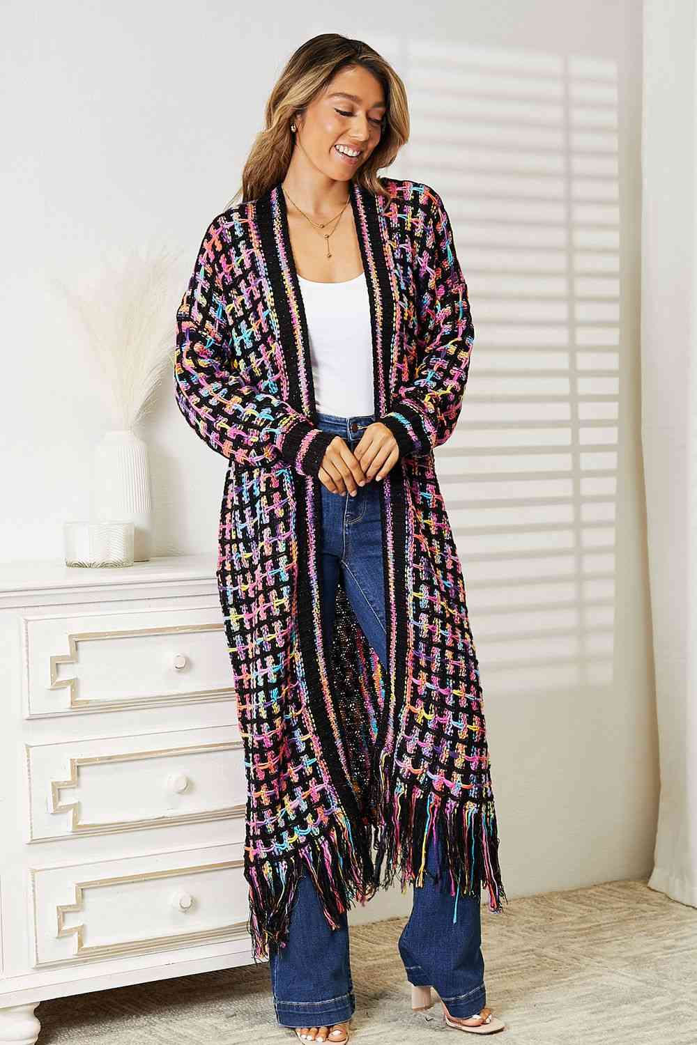 Plus Size Multicolored Open Front Fringe Hem Cardigan