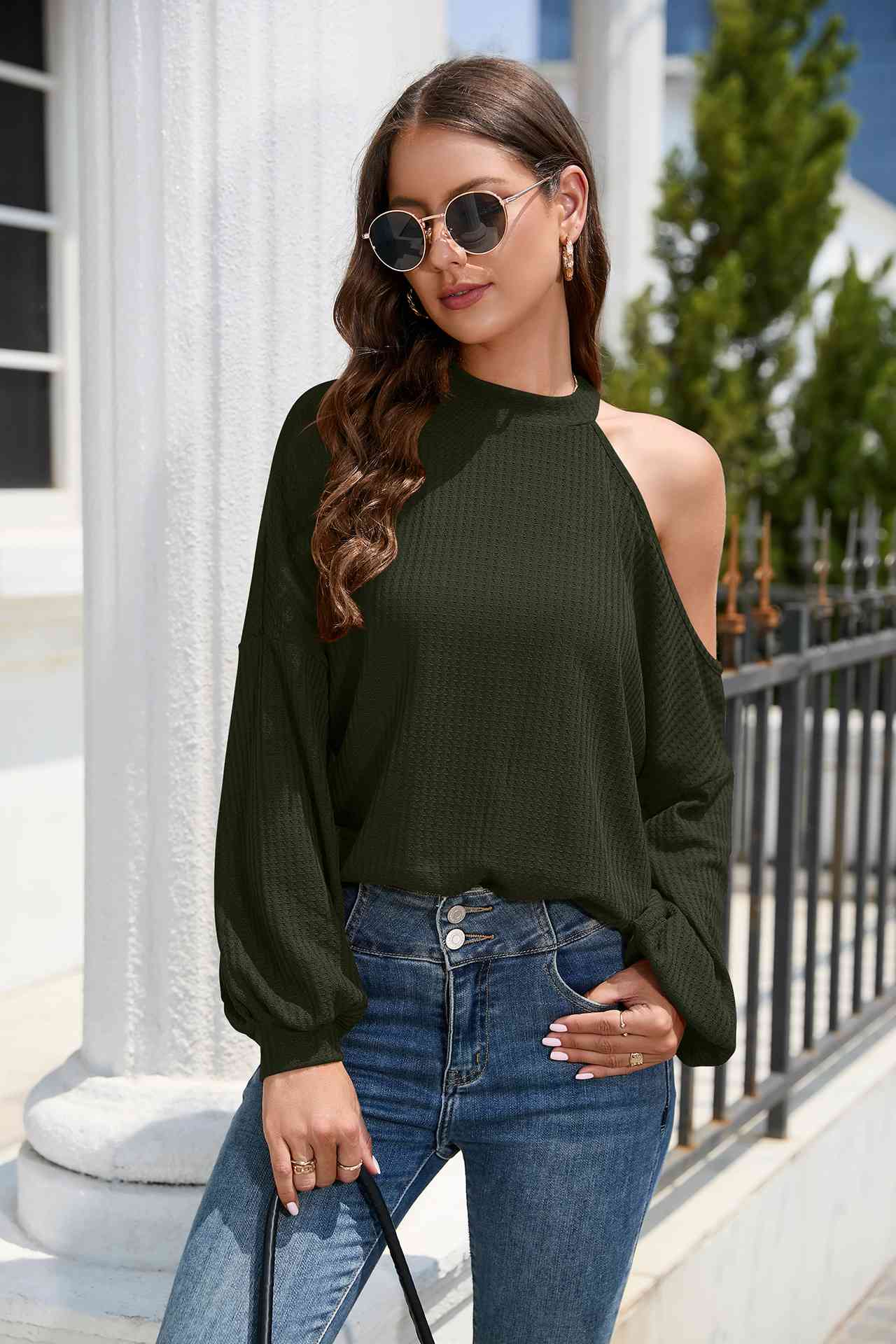 Asymmetrical Lantern Sleeve Waffle-Knit Blouse