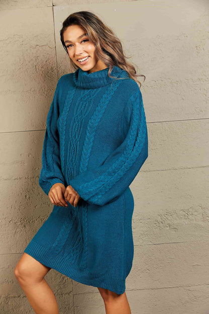 Mixed Knit Turtleneck Lantern Sleeve Sweater Dress