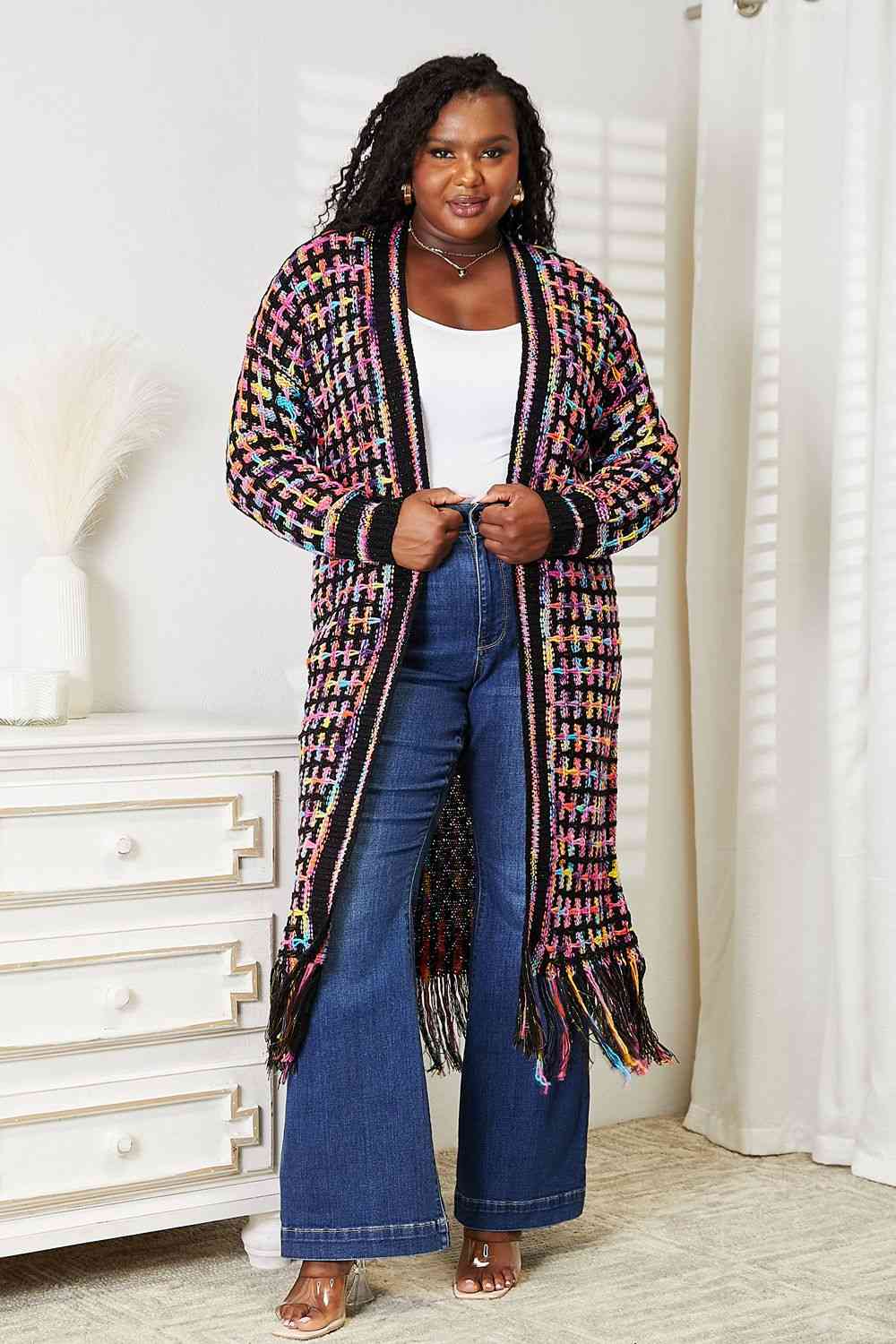 Plus Size Multicolored Open Front Fringe Hem Cardigan