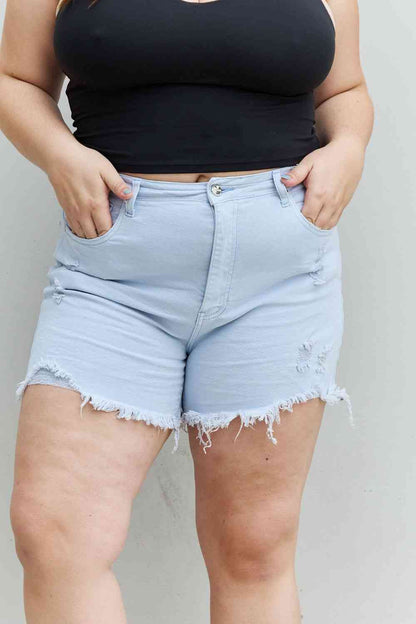 Plus Size High Waisted Distressed Shorts in Ice Blue