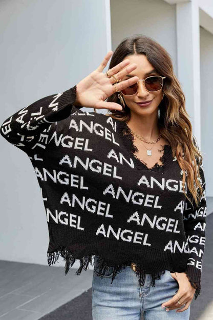 Distressed V-Neck Dropped Shoulder Sweater