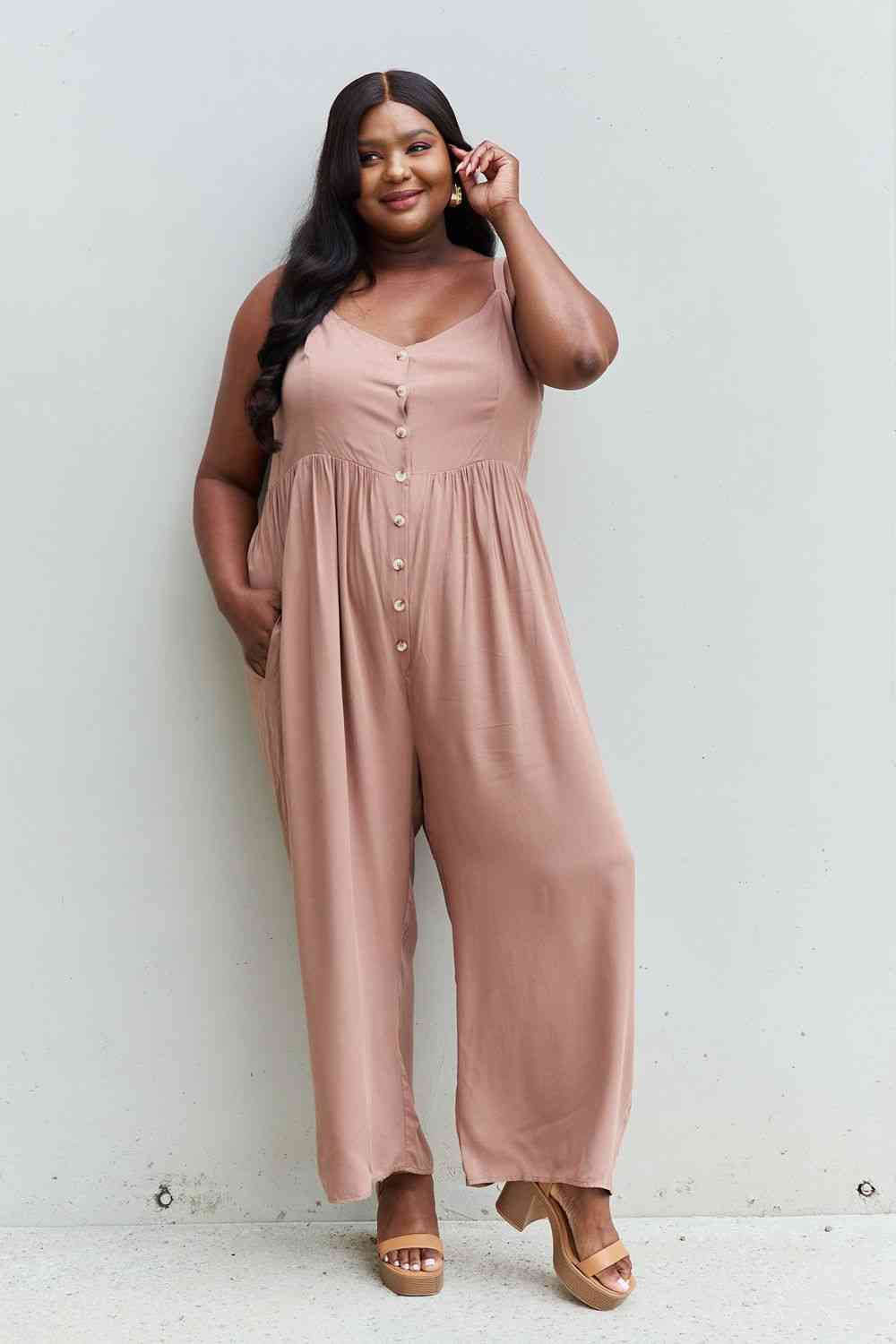 Plus Size Wide Leg Button Down Jumpsuit in Mocha