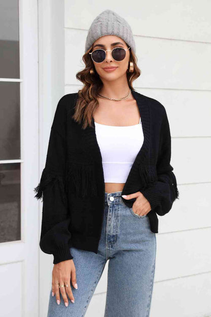 Fringe Trim Open Front Cardigan