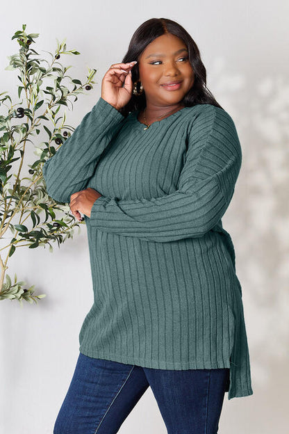 Plus Size Ribbed Round Neck Long Sleeve Slit Top