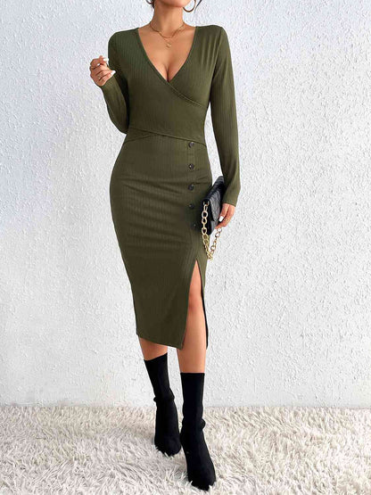 Buttoned Surplice Neck Slit Dress