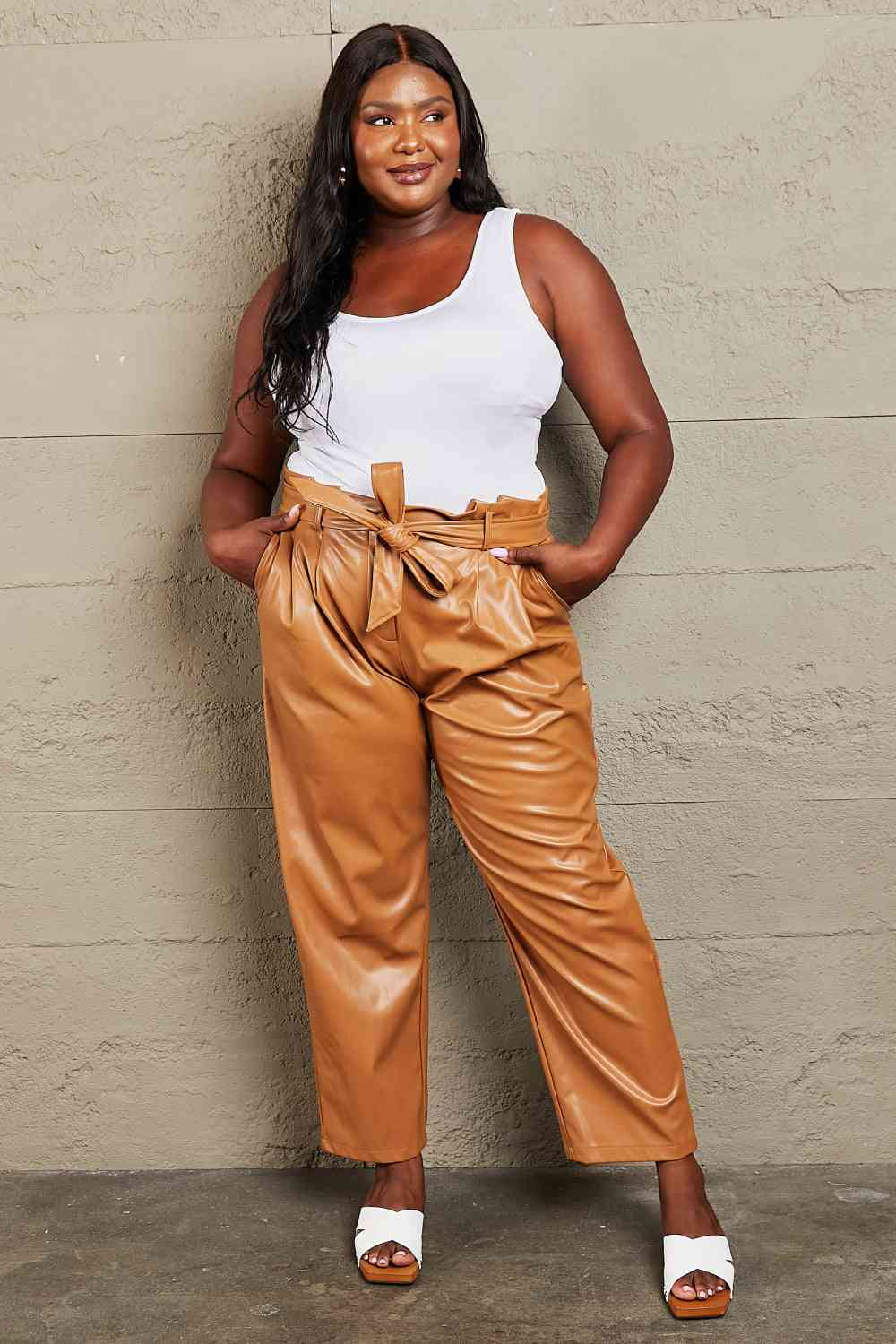 Plus Size Faux Leather Paperbag Waist Pants