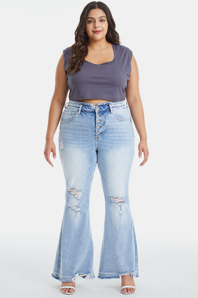 Plus Size Distressed Raw Hem High Waist Flare Jeans