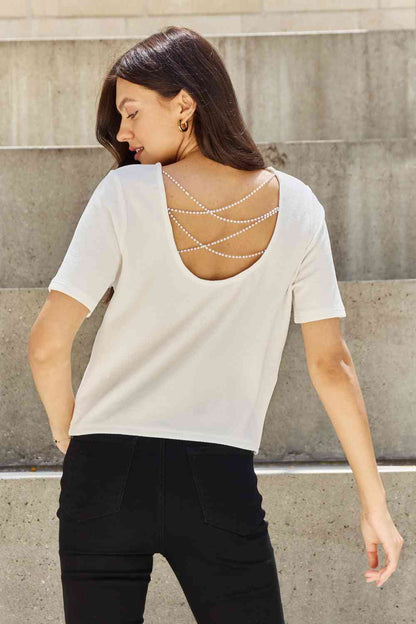 Plus Size Criss Cross Pearl Detail Open Back T-Shirt