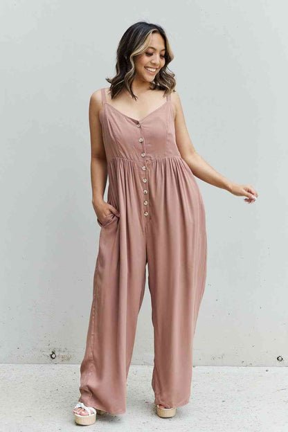 Plus Size Wide Leg Button Down Jumpsuit in Mocha