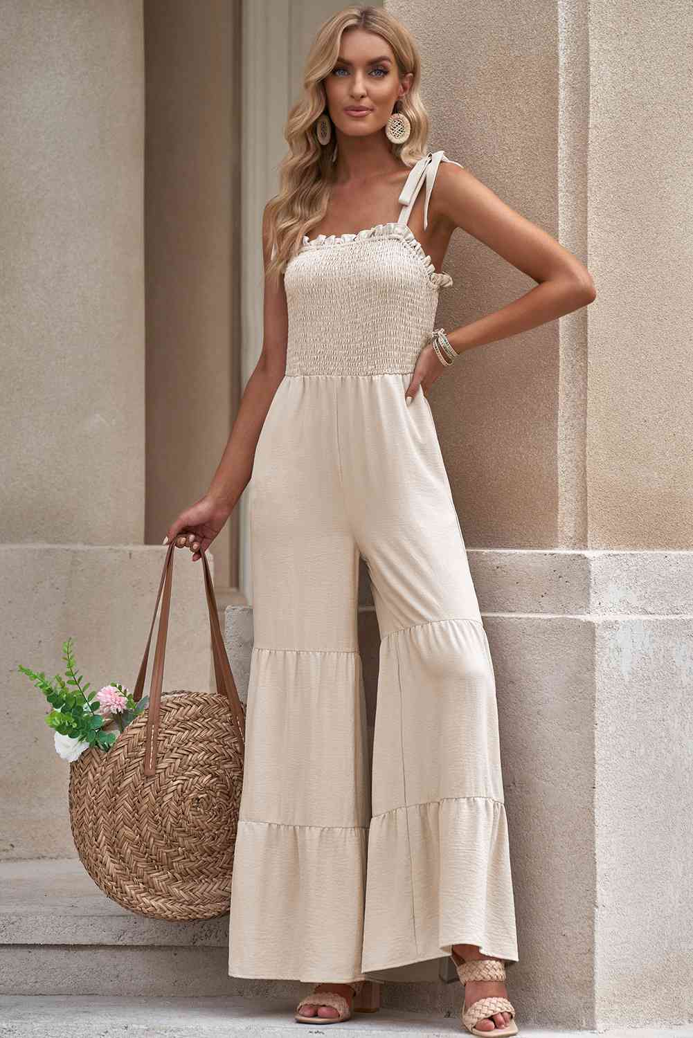 Tie-Shoulder Smocked Tiered Jumpsuit