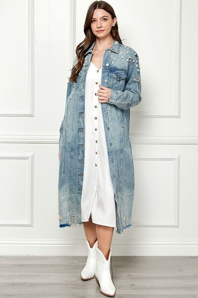 Plus Size Distressed Raw Hem Pearl Detail Button Up Jacket