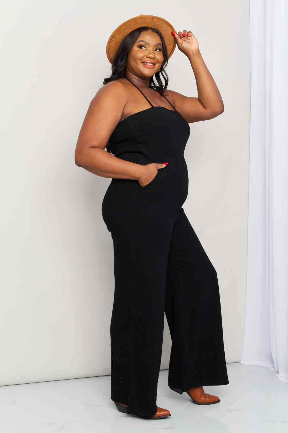 Plus Size Halter Neck Wide Leg Jumpsuit with Pockets