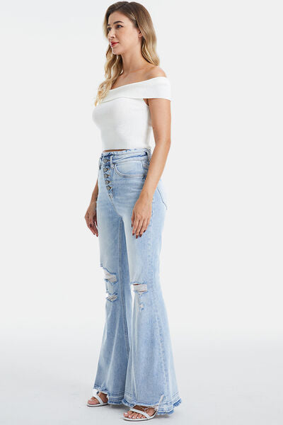 Plus Size Distressed Raw Hem High Waist Flare Jeans