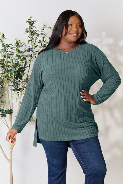 Plus Size Ribbed Round Neck Long Sleeve Slit Top