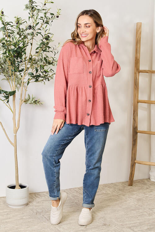 Plus Size Waffle-Knit Button Down Blouse