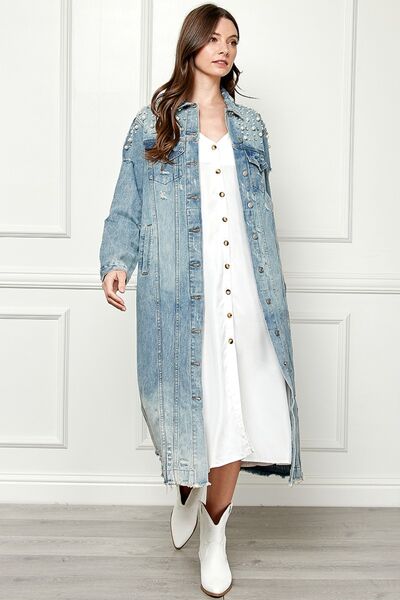 Plus Size Distressed Raw Hem Pearl Detail Button Up Jacket