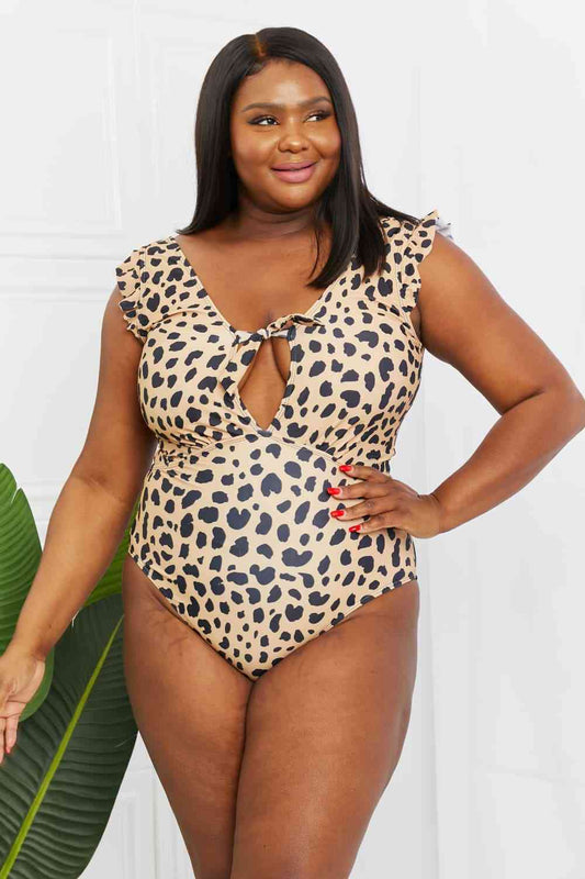 Seashell Ruffle Sleeve One-Piece in Leopard