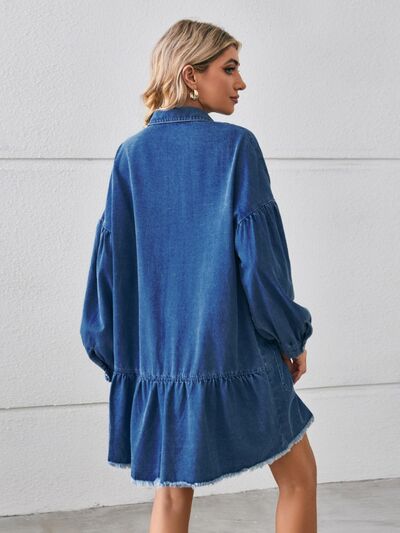 Button Up Pocketed Raw Hem Denim Dress