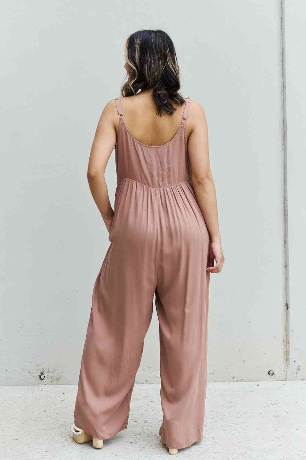 Plus Size Wide Leg Button Down Jumpsuit in Mocha