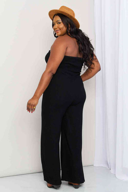 Plus Size Halter Neck Wide Leg Jumpsuit with Pockets