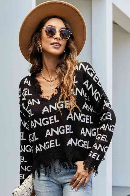 Distressed V-Neck Dropped Shoulder Sweater