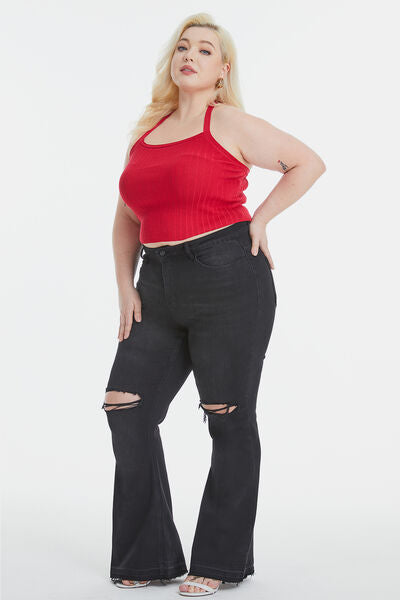 Plus Size High Waist Distressed Raw Hem Flare Jeans