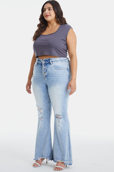 Plus Size Distressed Raw Hem High Waist Flare Jeans