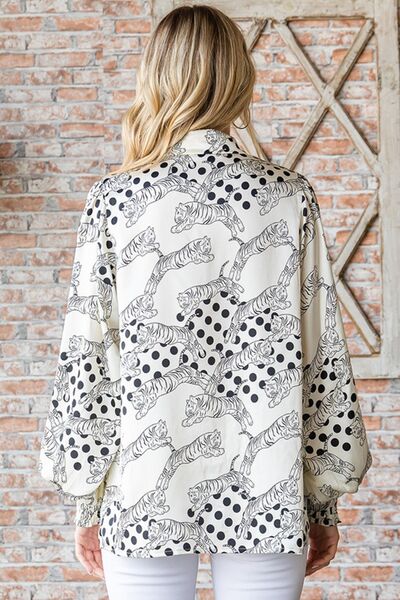 Tiger Print Collared Neck Long Sleeve Satin Shirt