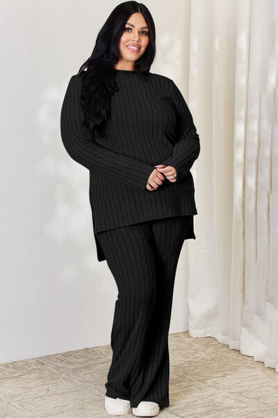 Plus Size Ribbed High-Low Top and Wide Leg Pants Set