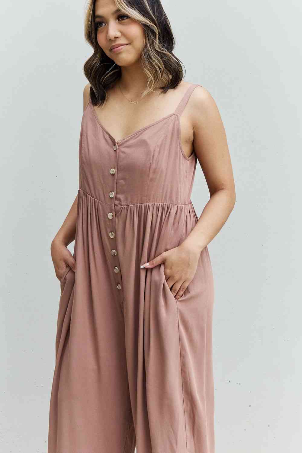 Plus Size Wide Leg Button Down Jumpsuit in Mocha