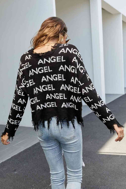 Distressed V-Neck Dropped Shoulder Sweater