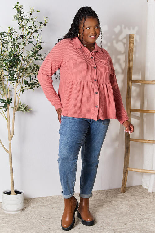 Plus Size Waffle-Knit Button Down Blouse