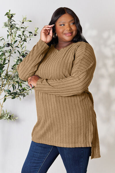 Plus Size Ribbed Round Neck Long Sleeve Slit Top