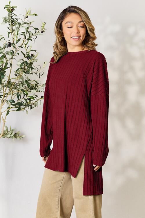 Plus Size Ribbed Round Neck Long Sleeve Slit Top