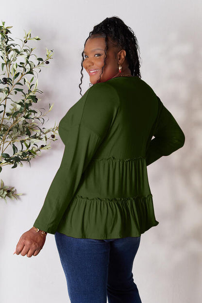 Half Button Long Sleeve Ruffle Hem Blouse